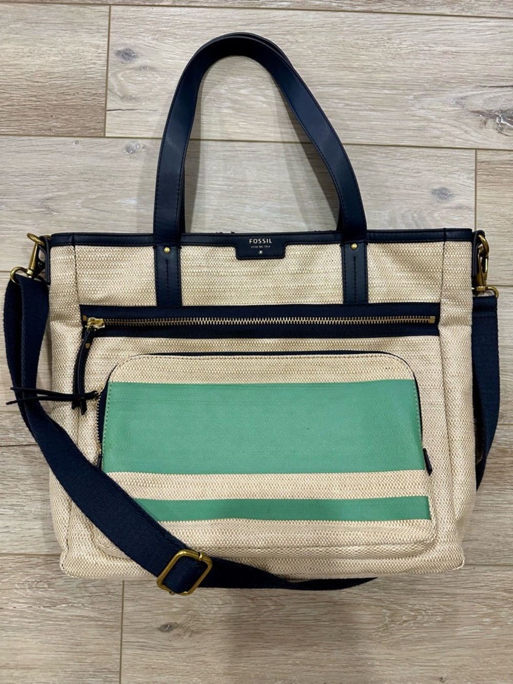 Fossil Beige Canvas Tote with Navy Trim and Mint Green Pocket